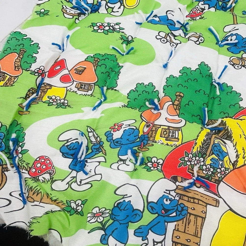 Vintage Smurfs Baby Blanket Quilt Project Unfinished Edges 48x42 Handmade 80s